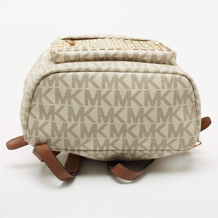 Pre Owned MICHAEL Michael Kors Brown/Cream Signature Coated Canvas and Leather Studded Backpack