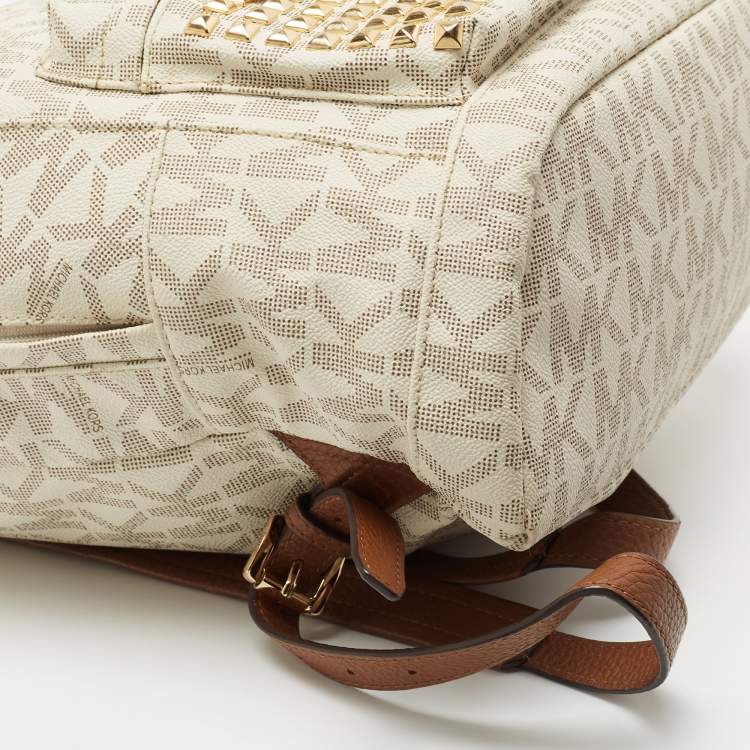 Pre Owned MICHAEL Michael Kors Brown/Cream Signature Coated Canvas and Leather Studded Backpack