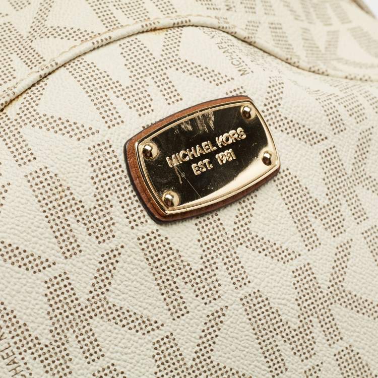 Pre Owned MICHAEL Michael Kors Brown/Cream Signature Coated Canvas and Leather Studded Backpack