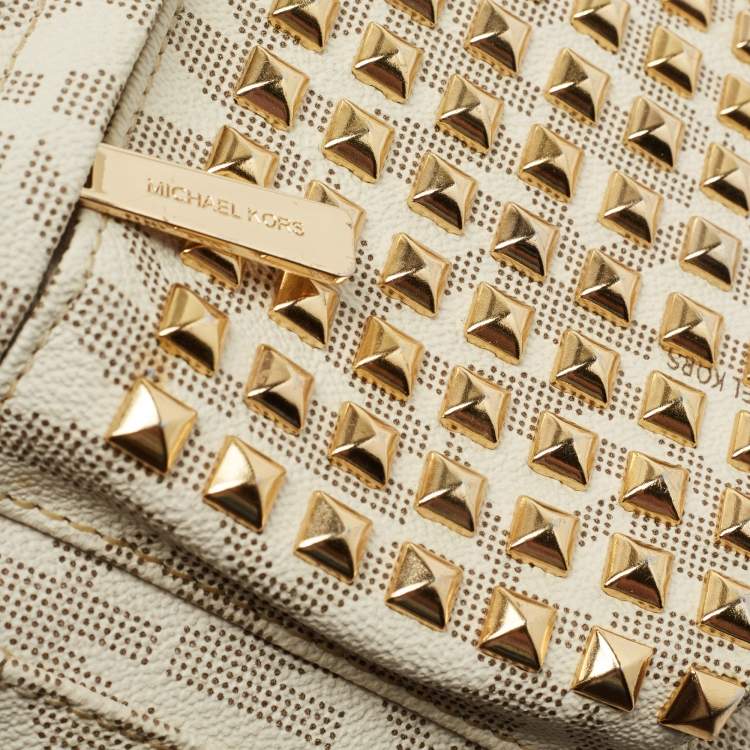 Pre Owned MICHAEL Michael Kors Brown/Cream Signature Coated Canvas and Leather Studded Backpack