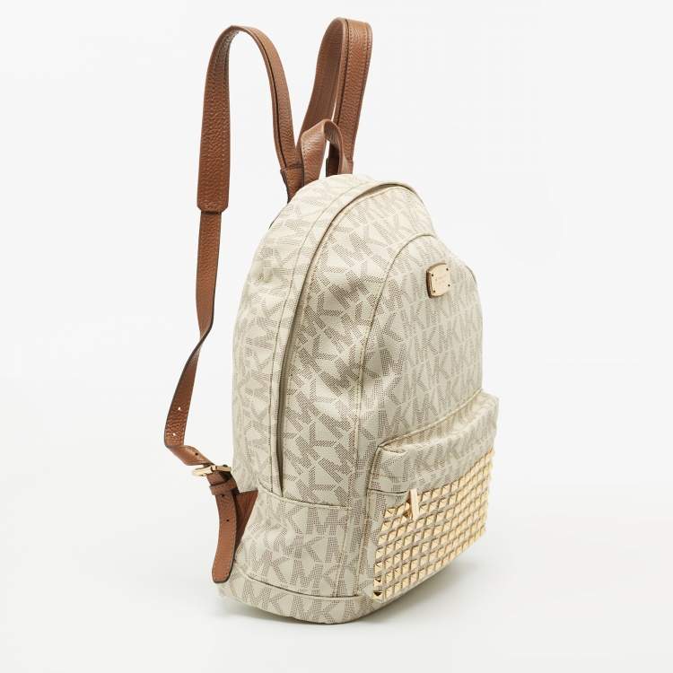 Pre Owned MICHAEL Michael Kors Brown/Cream Signature Coated Canvas and Leather Studded Backpack