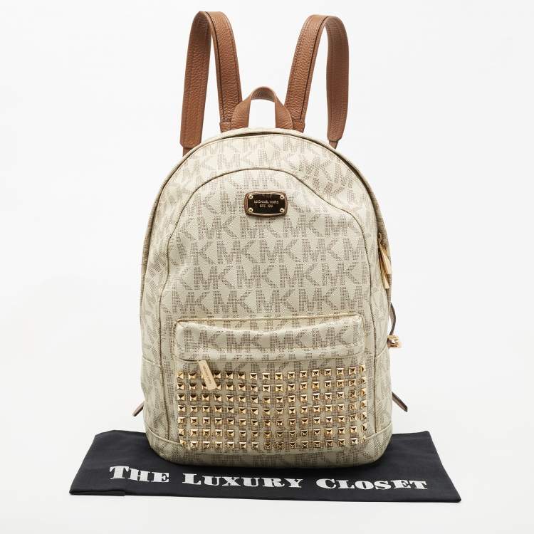 Pre Owned MICHAEL Michael Kors Brown/Cream Signature Coated Canvas and Leather Studded Backpack