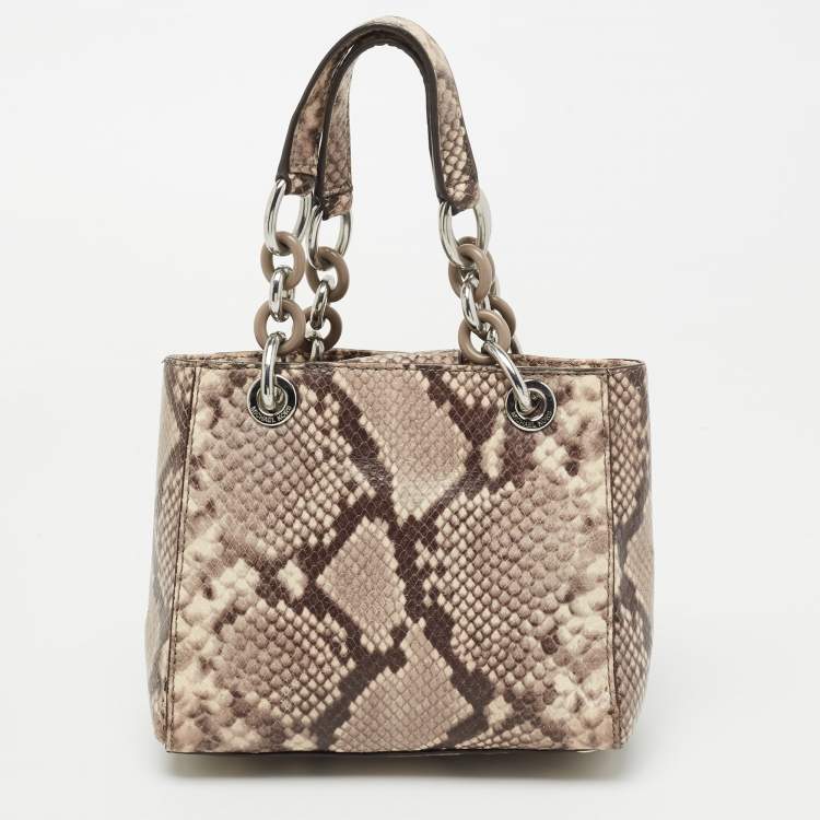 Pre Owned MICHAEL Michael Kors Beige/Brown Python Embossed Leather Mini Cynthia Tote