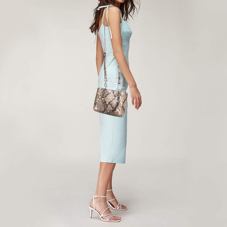 Pre Owned MICHAEL Michael Kors Beige/Brown Python Embossed Leather Mini Cynthia Tote
