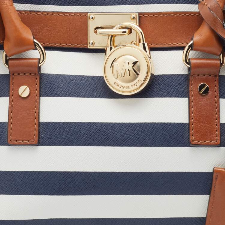 Pre Owned MICHAEL Michael Kors Navy Blue/White Leather Stripe Hamilton Tote