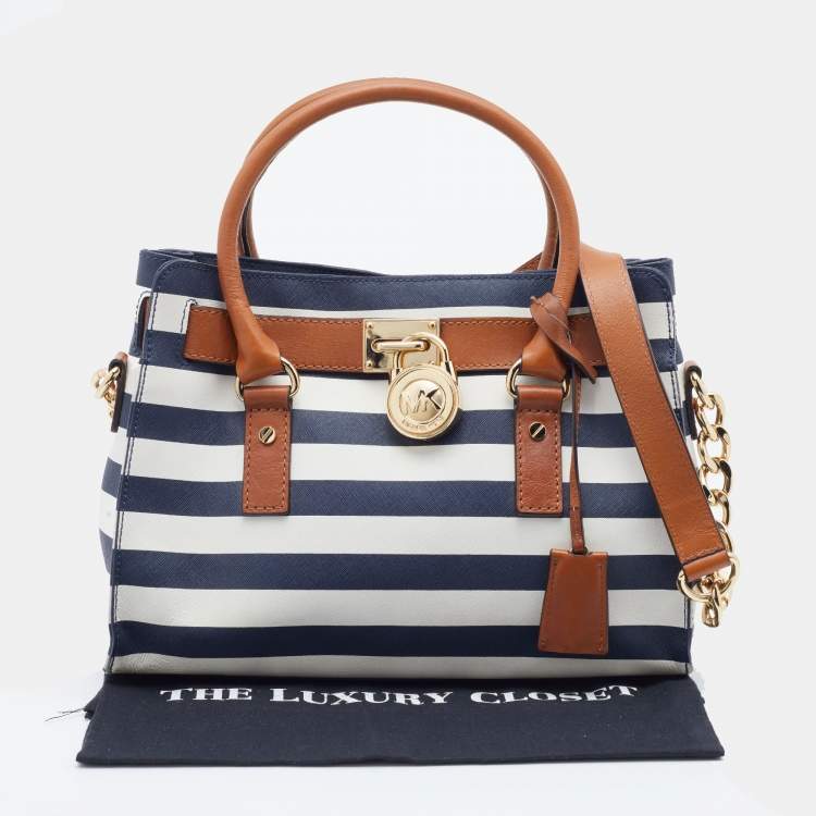 Pre Owned MICHAEL Michael Kors Navy Blue/White Leather Stripe Hamilton Tote