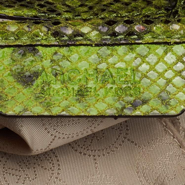 Pre Owned MICHAEL Michael Kors Green/Beige Python Embossed Leather North South Tote
