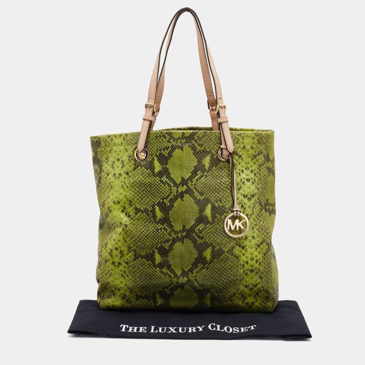 Pre Owned MICHAEL Michael Kors Green/Beige Python Embossed Leather North South Tote