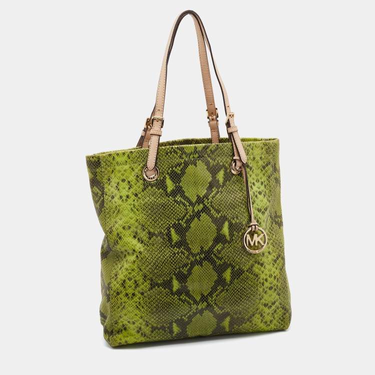 Pre Owned MICHAEL Michael Kors Green/Beige Python Embossed Leather North South Tote