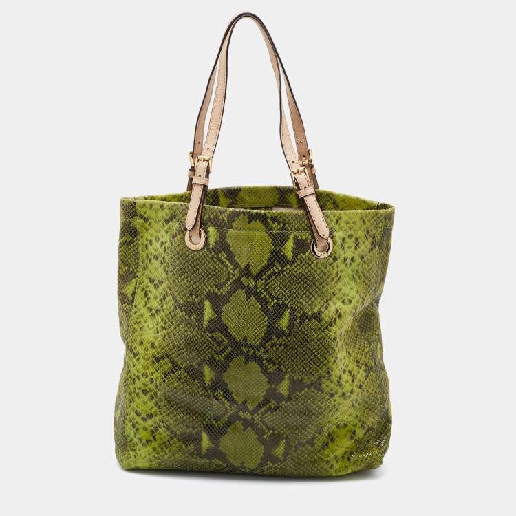 Pre Owned MICHAEL Michael Kors Green/Beige Python Embossed Leather North South Tote