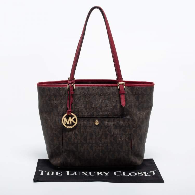 Pre Owned MICHAEL Michael Kors Brown/Burgundy Coated Canvas Jet Set Tote