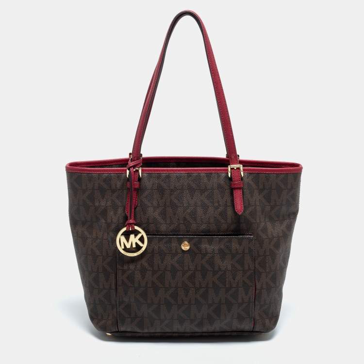 Pre Owned MICHAEL Michael Kors Brown/Burgundy Coated Canvas Jet Set Tote