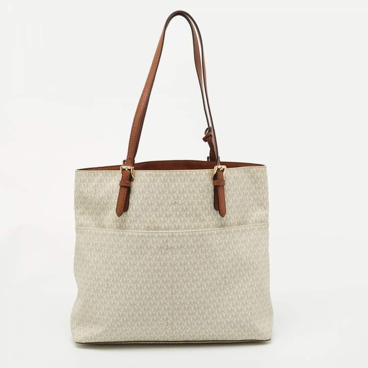 Pre Owned MICHAEL Michael Kors White/Brown Signature Canvas and Leather Lennox Tote