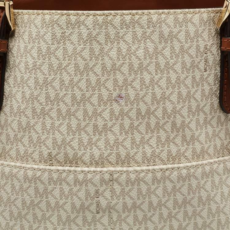 Pre Owned MICHAEL Michael Kors White/Brown Signature Canvas and Leather Lennox Tote