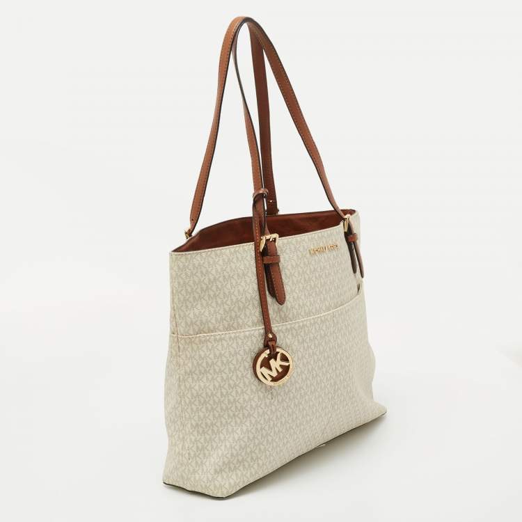 Pre Owned MICHAEL Michael Kors White/Brown Signature Canvas and Leather Lennox Tote