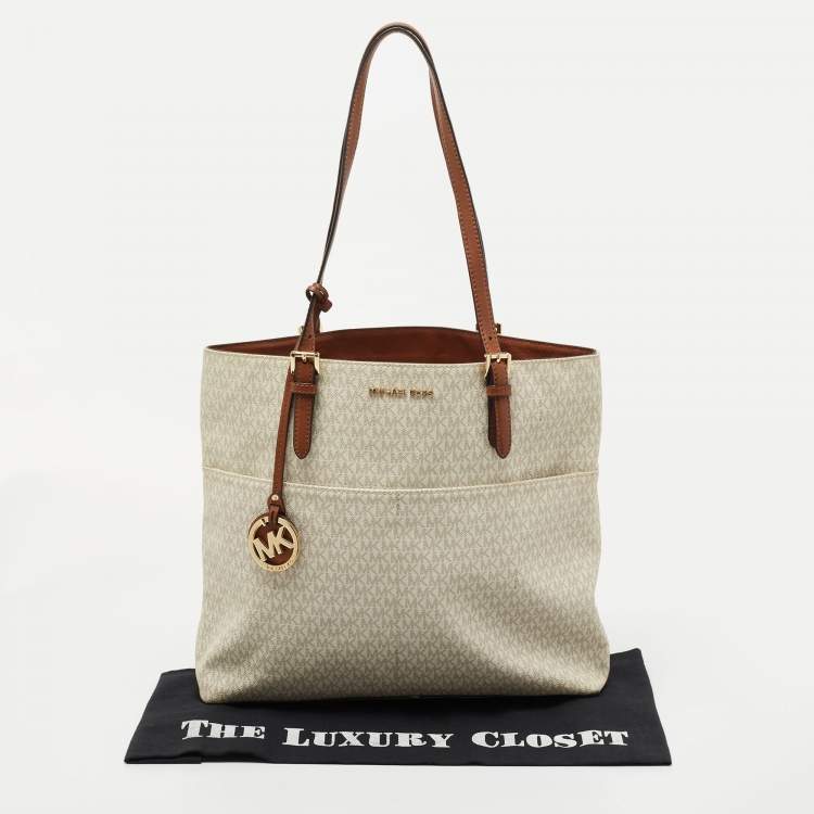 Pre Owned MICHAEL Michael Kors White/Brown Signature Canvas and Leather Lennox Tote