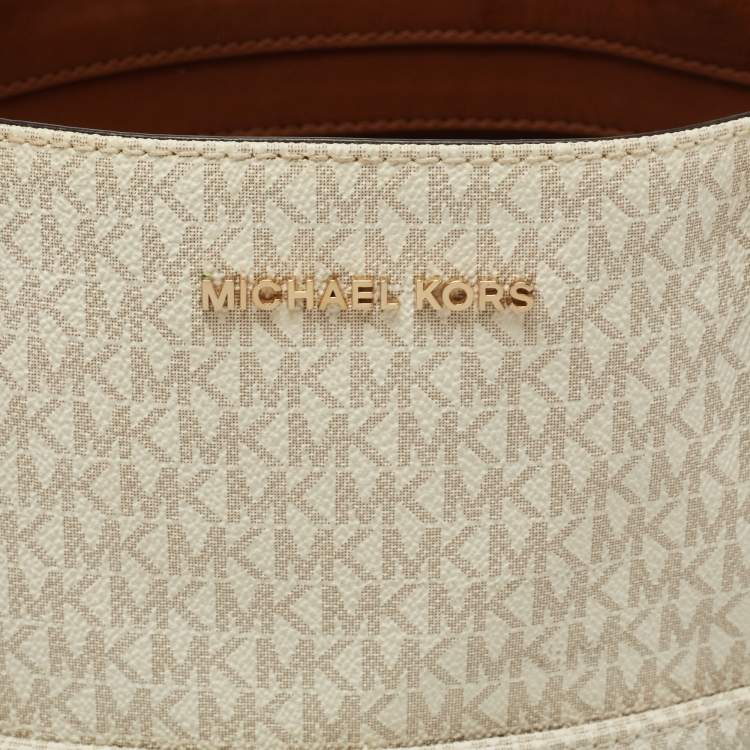 Pre Owned MICHAEL Michael Kors White/Brown Signature Canvas and Leather Lennox Tote
