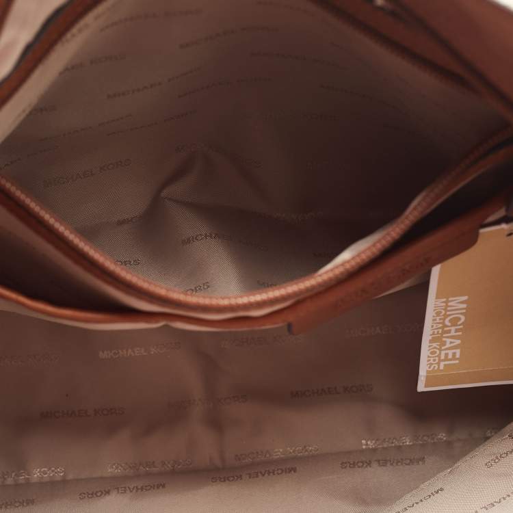 Pre Owned MICHAEL Michael Kors White/Brown Signature Canvas and Leather Lennox Tote