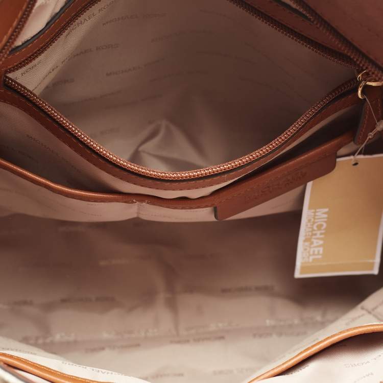 Pre Owned MICHAEL Michael Kors White/Brown Signature Canvas and Leather Lennox Tote