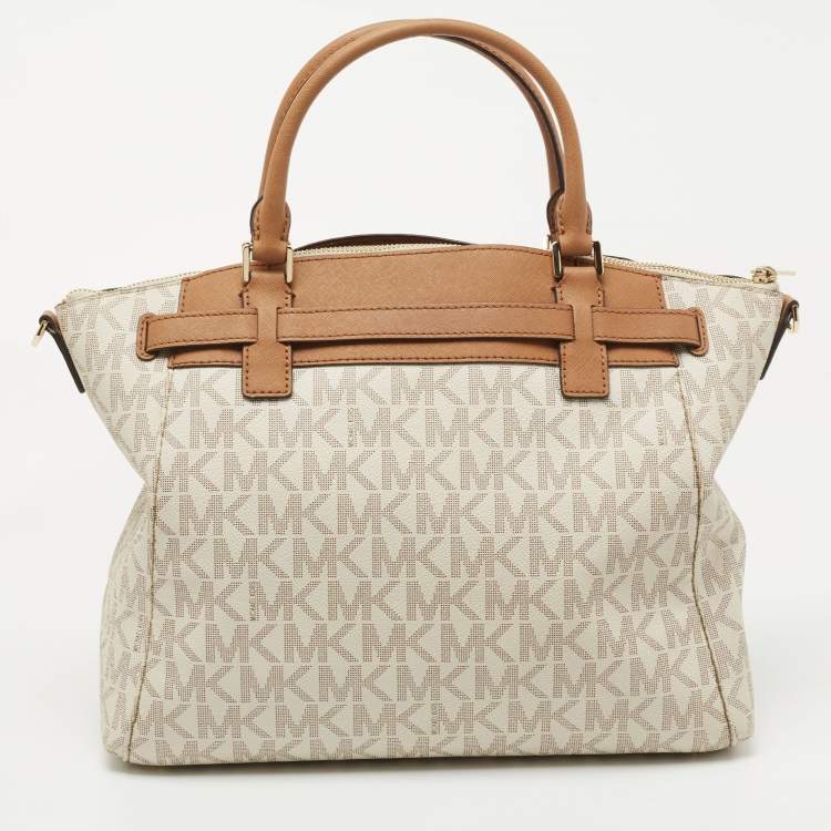 Pre Owned MICHAEL Michael Kors White Coated Canvas and Leather Hamilton Satchel