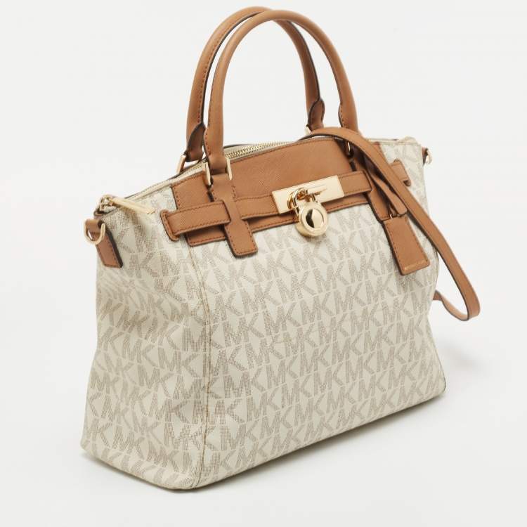 Pre Owned MICHAEL Michael Kors White Coated Canvas and Leather Hamilton Satchel