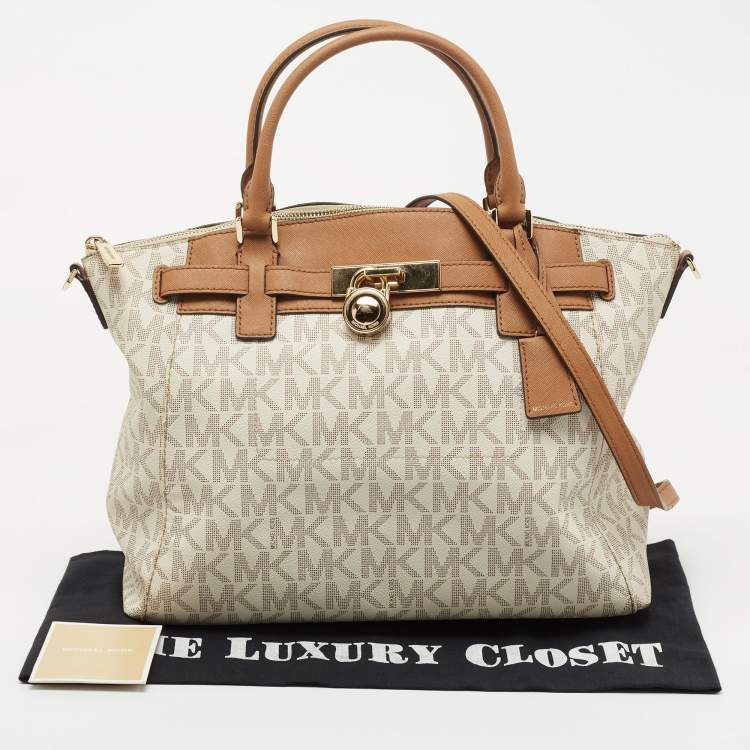 Pre Owned MICHAEL Michael Kors White Coated Canvas and Leather Hamilton Satchel