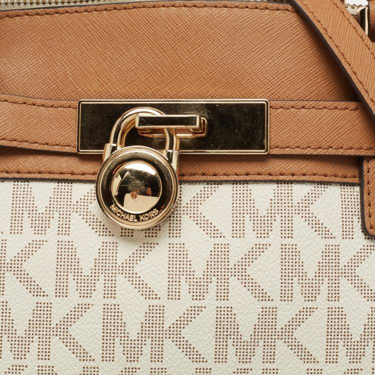 Pre Owned MICHAEL Michael Kors White Coated Canvas and Leather Hamilton Satchel