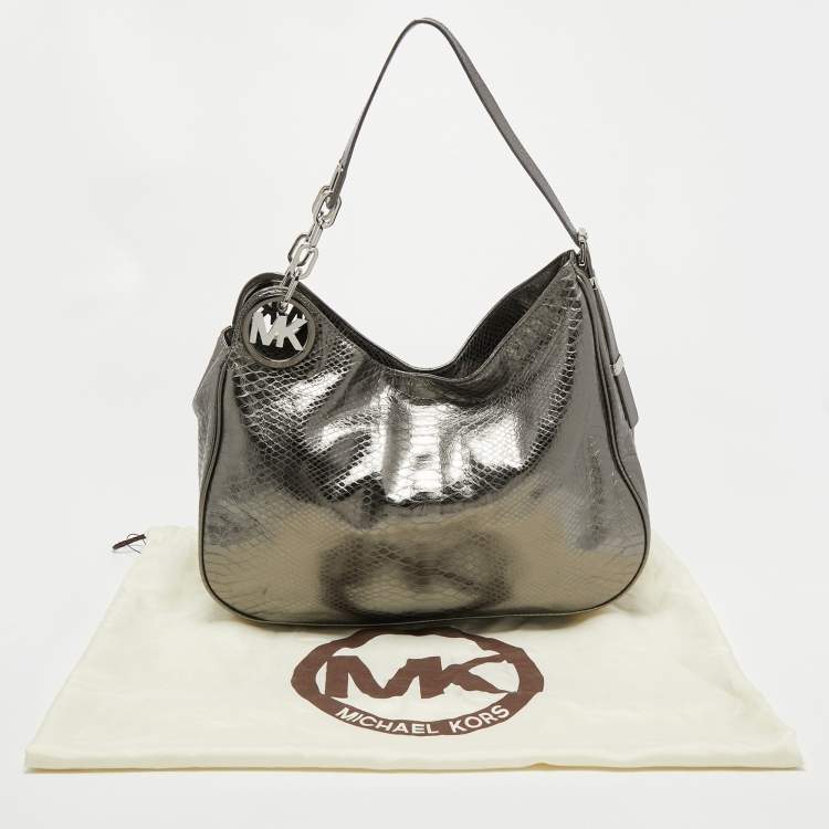 Pre Owned MICHAEL Michael Kors Metallic Grey Python Embossed Leather Hobo