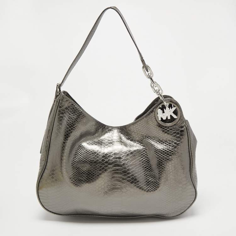 Pre Owned MICHAEL Michael Kors Metallic Grey Python Embossed Leather Hobo
