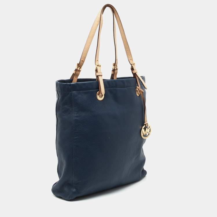 Pre Owned MICHAEL Michael Kors Blue/Beige Leather Jet Set Tote 