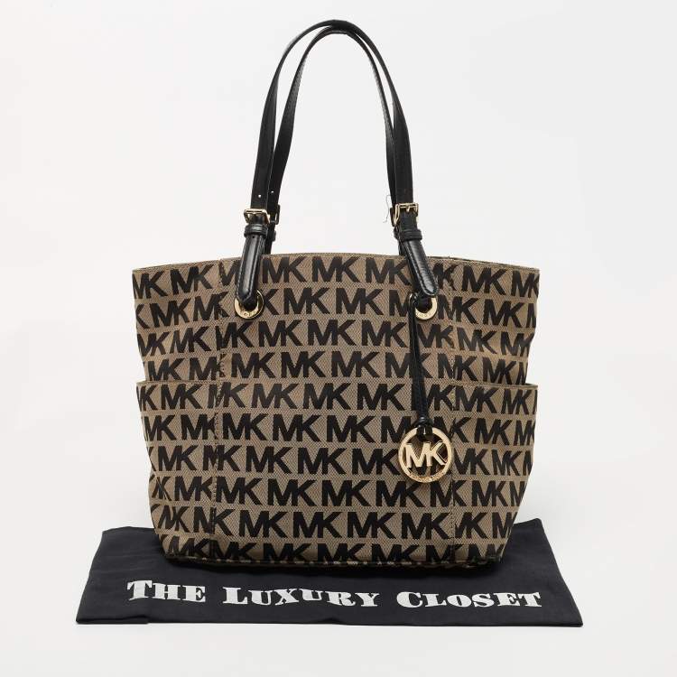 Pre Owned MICHAEL Michael Kors Black/Beige Signature Canvas Jet Set Tote