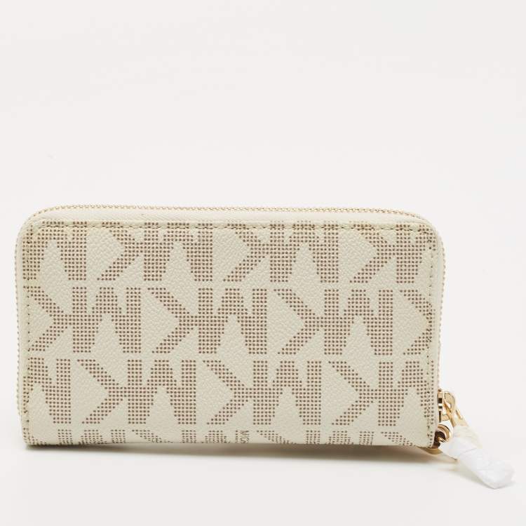 Pre Owned MICHAEL Michael Kors White/Beige Signature Coated Canvas Zip Around Wristlet Wallet