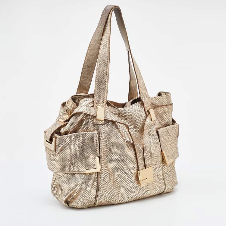 Pre Owned MICHAEL Michael Kors Metallic Gold Python Effect Leather Beverly Satchel