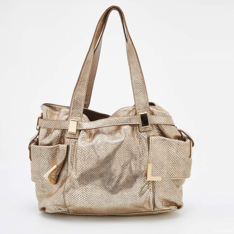 Pre Owned MICHAEL Michael Kors Metallic Gold Python Effect Leather Beverly Satchel