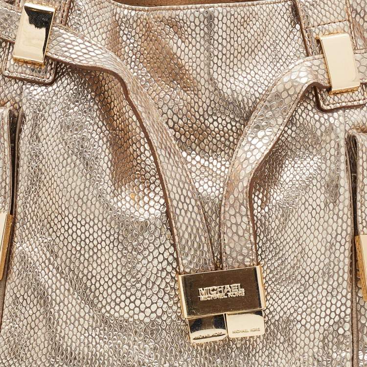 Pre Owned MICHAEL Michael Kors Metallic Gold Python Effect Leather Beverly Satchel