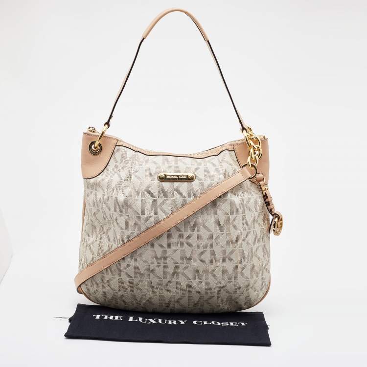 Pre Owned MICHAEL Michael Kors White Signature Coated Canvas Bedford Large Convertible Shoulder Bag