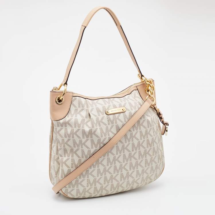 Pre Owned MICHAEL Michael Kors White Signature Coated Canvas Bedford Large Convertible Shoulder Bag