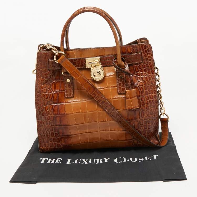 Pre Owned MICHAEL Michael Kors Brown Croc Embossed Leather Large Hamilton North South Tote