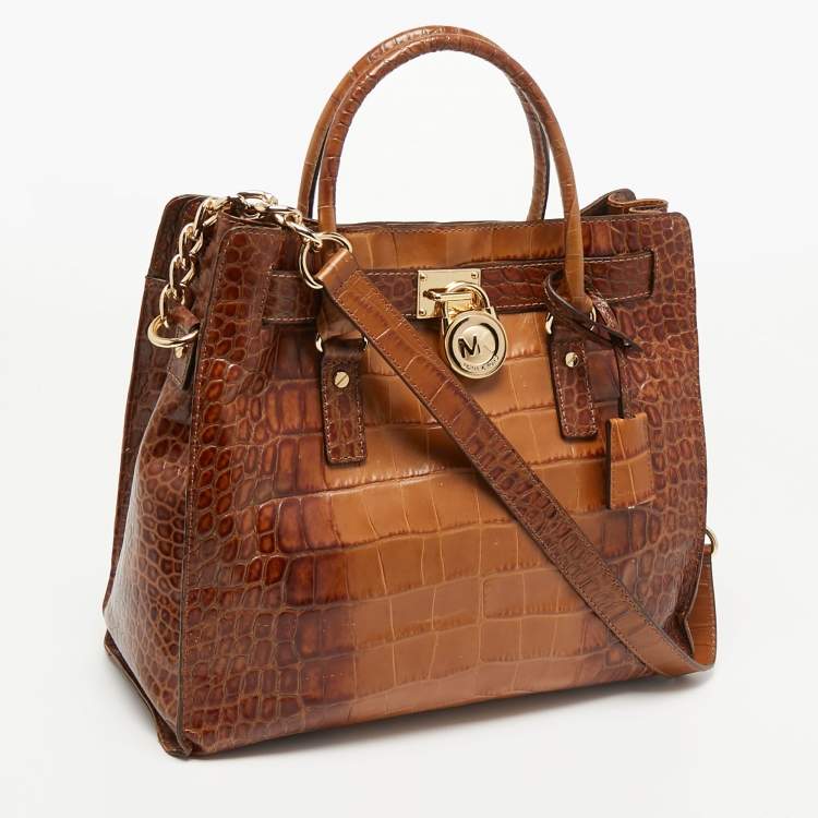 Pre Owned MICHAEL Michael Kors Brown Croc Embossed Leather Large Hamilton North South Tote
