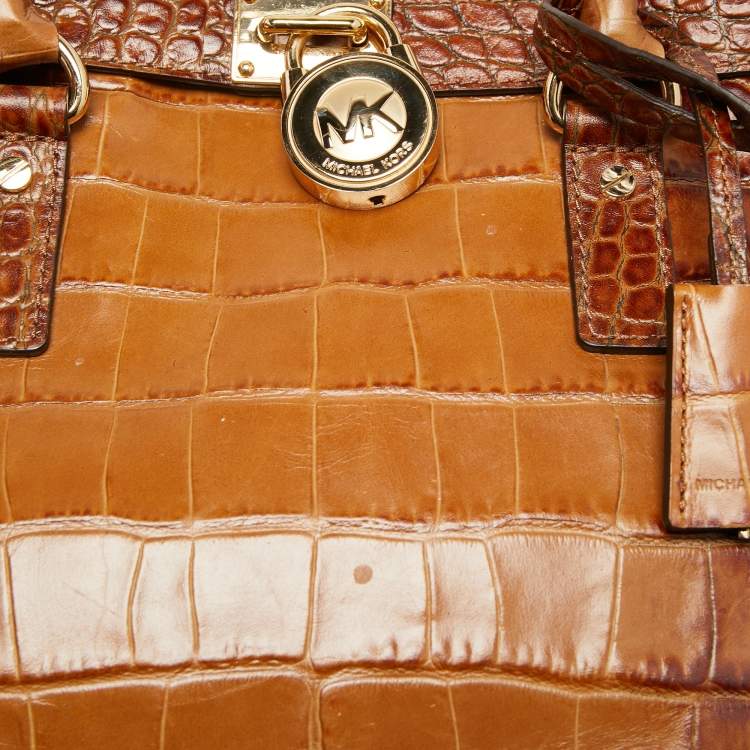 Pre Owned MICHAEL Michael Kors Brown Croc Embossed Leather Large Hamilton North South Tote