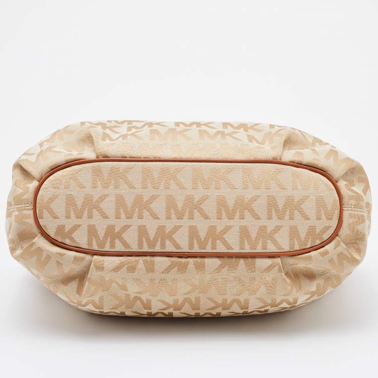 Pre Owned MICHAEL Michael Kors Cream/Brown Signature Canvas Ring Handle Shoulder Bag