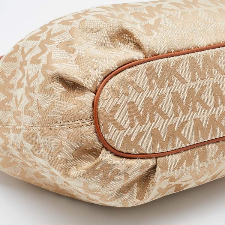 Pre Owned MICHAEL Michael Kors Cream/Brown Signature Canvas Ring Handle Shoulder Bag