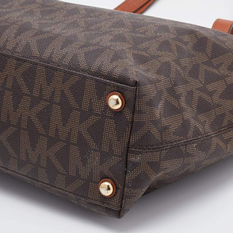 Pre Owned MICHAEL Michael Kors Brown Signature Coated Canvas and Leather Jet Set Tote