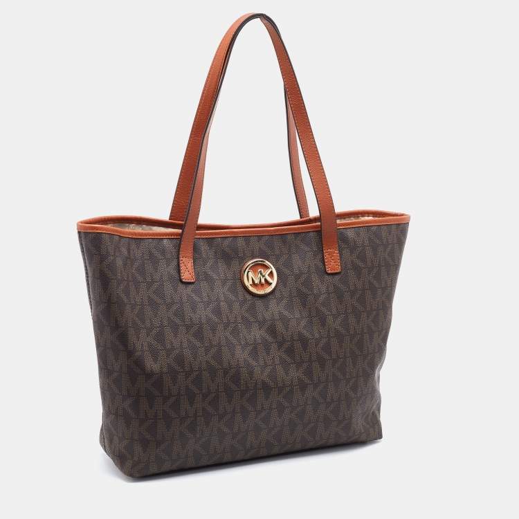 Pre Owned MICHAEL Michael Kors Brown Signature Coated Canvas and Leather Jet Set Tote