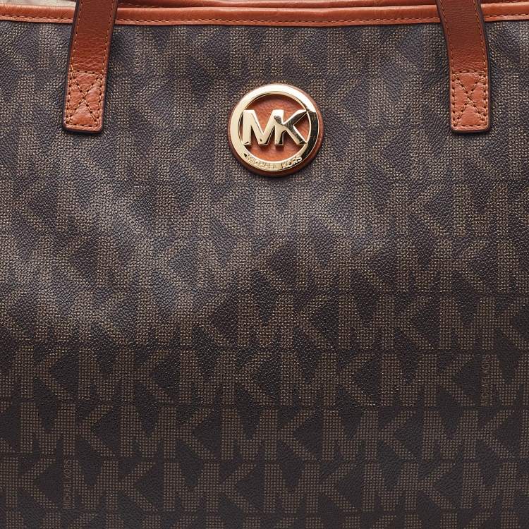Pre Owned MICHAEL Michael Kors Brown Signature Coated Canvas and Leather Jet Set Tote