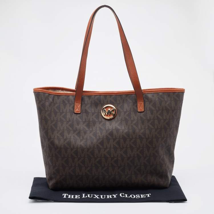 Pre Owned MICHAEL Michael Kors Brown Signature Coated Canvas and Leather Jet Set Tote