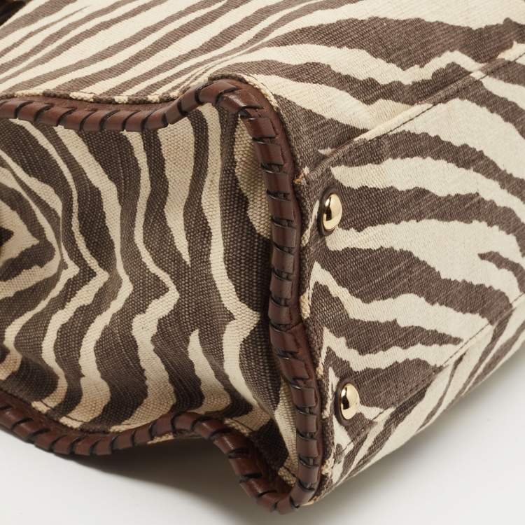Pre Owned MICHAEL Michael Kors Brown Zebra Print Canvas and Leather Hamilton Whipstitch Tote