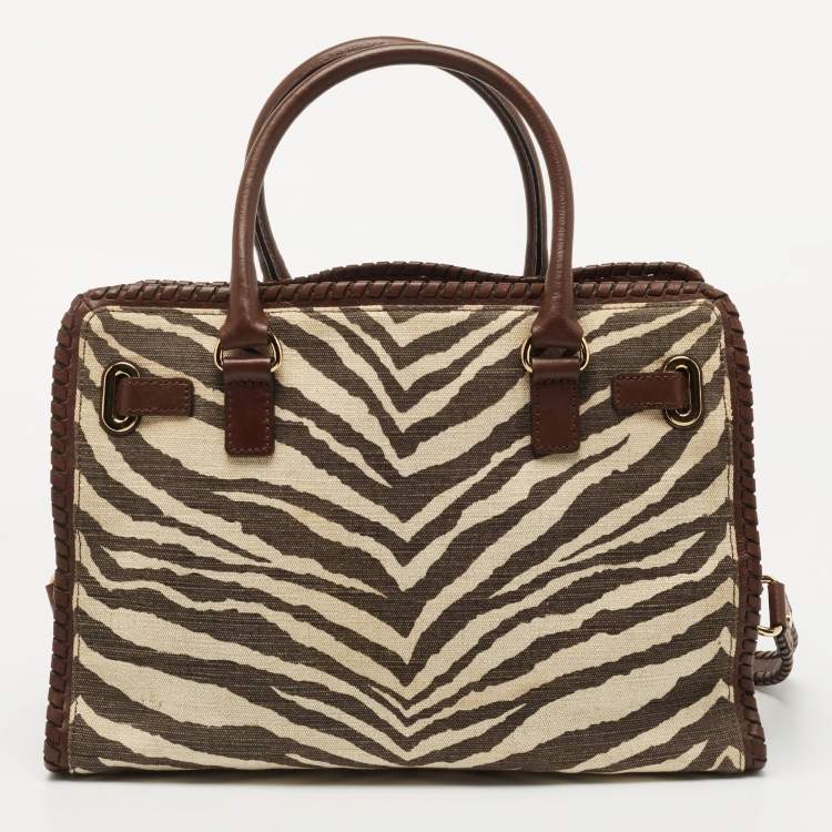 Pre Owned MICHAEL Michael Kors Brown Zebra Print Canvas and Leather Hamilton Whipstitch Tote