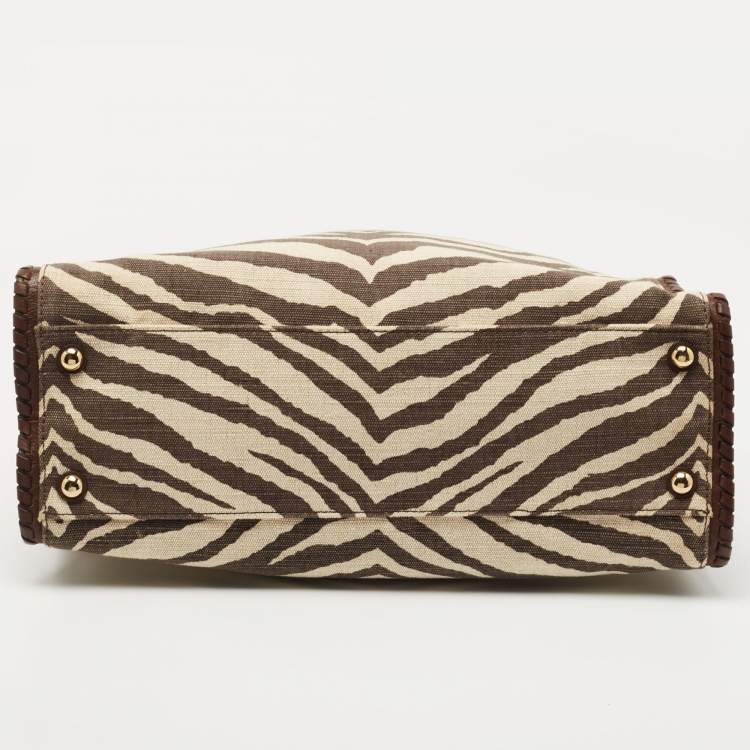 Pre Owned MICHAEL Michael Kors Brown Zebra Print Canvas and Leather Hamilton Whipstitch Tote