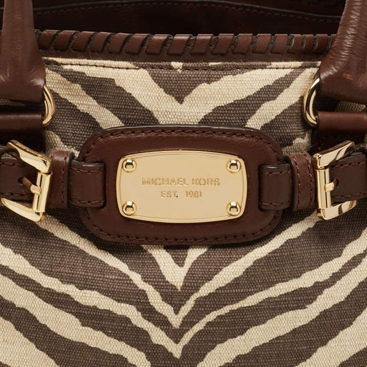 Pre Owned MICHAEL Michael Kors Brown Zebra Print Canvas and Leather Hamilton Whipstitch Tote